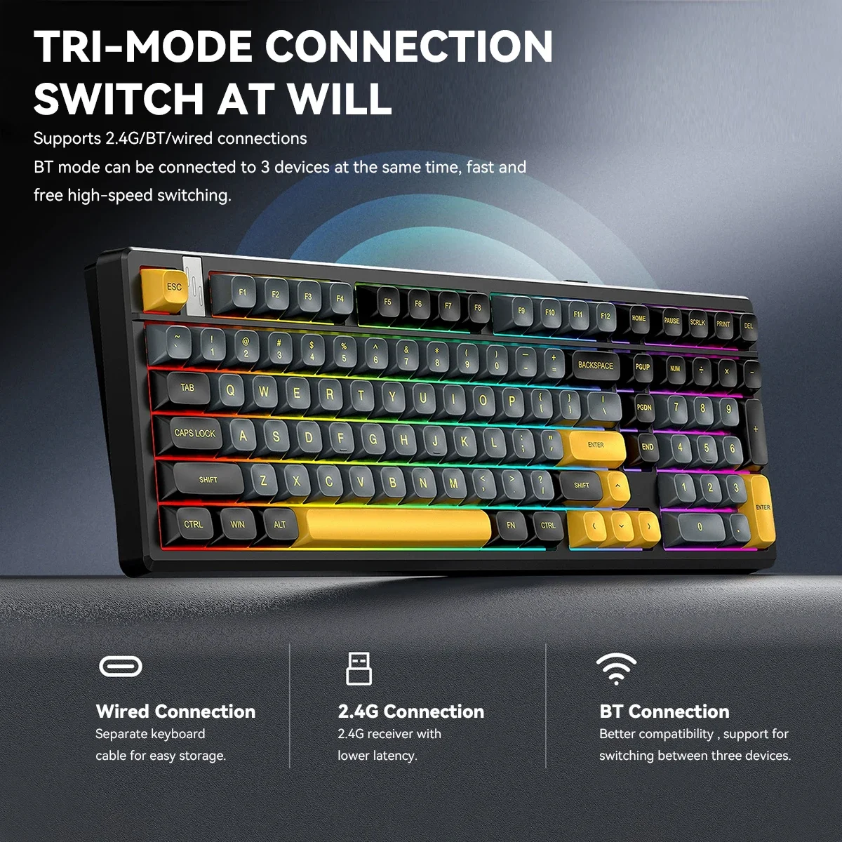 Gaming Keyboard Thocky - Kabellose mechanische Gaming-Tastatur mit kugelförmigen PBT-Tastenkappen,